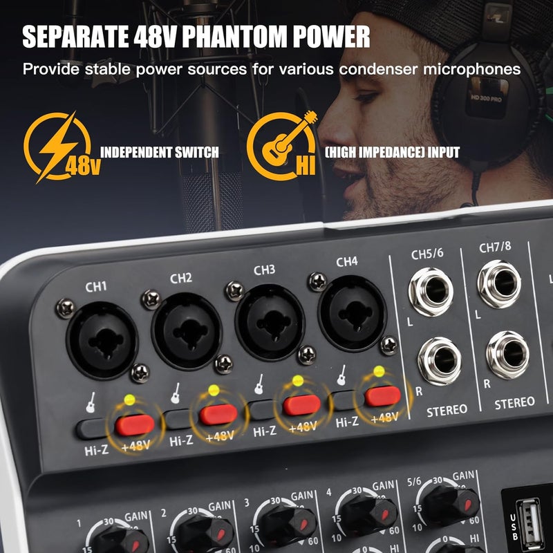 TKLBLS Audio Mixer, Studio Audio Sound Mixer Board, 6 Channel Unpowered Recording Mixers w/USB Audio Interface, DJ Mixer with 48V Phantom Power for KTV, Live Shows, Streaming, Conferences - Image 3